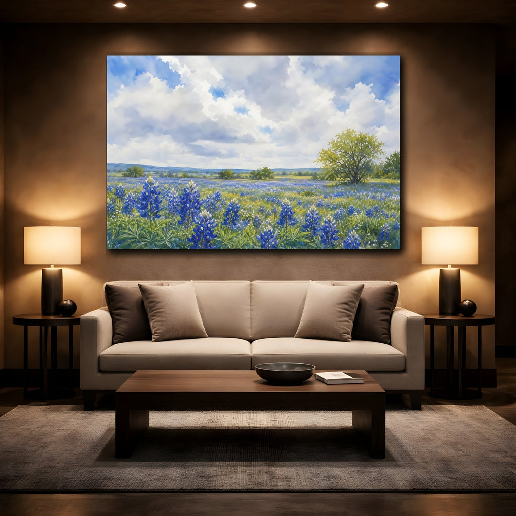 Mockup 2. Loose Watercolor Wash Texas Bluebonnets Across Spring Field Beneath Cloudy Light shown as stretched canvas wall art
