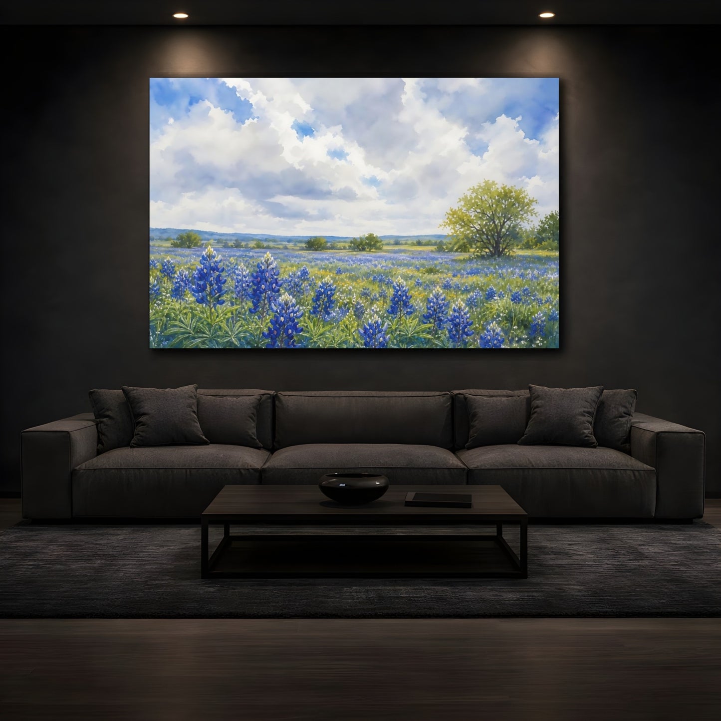 Mockup 3. Loose Watercolor Wash Texas Bluebonnets Across Spring Field Beneath Cloudy Light shown as stretched canvas wall art