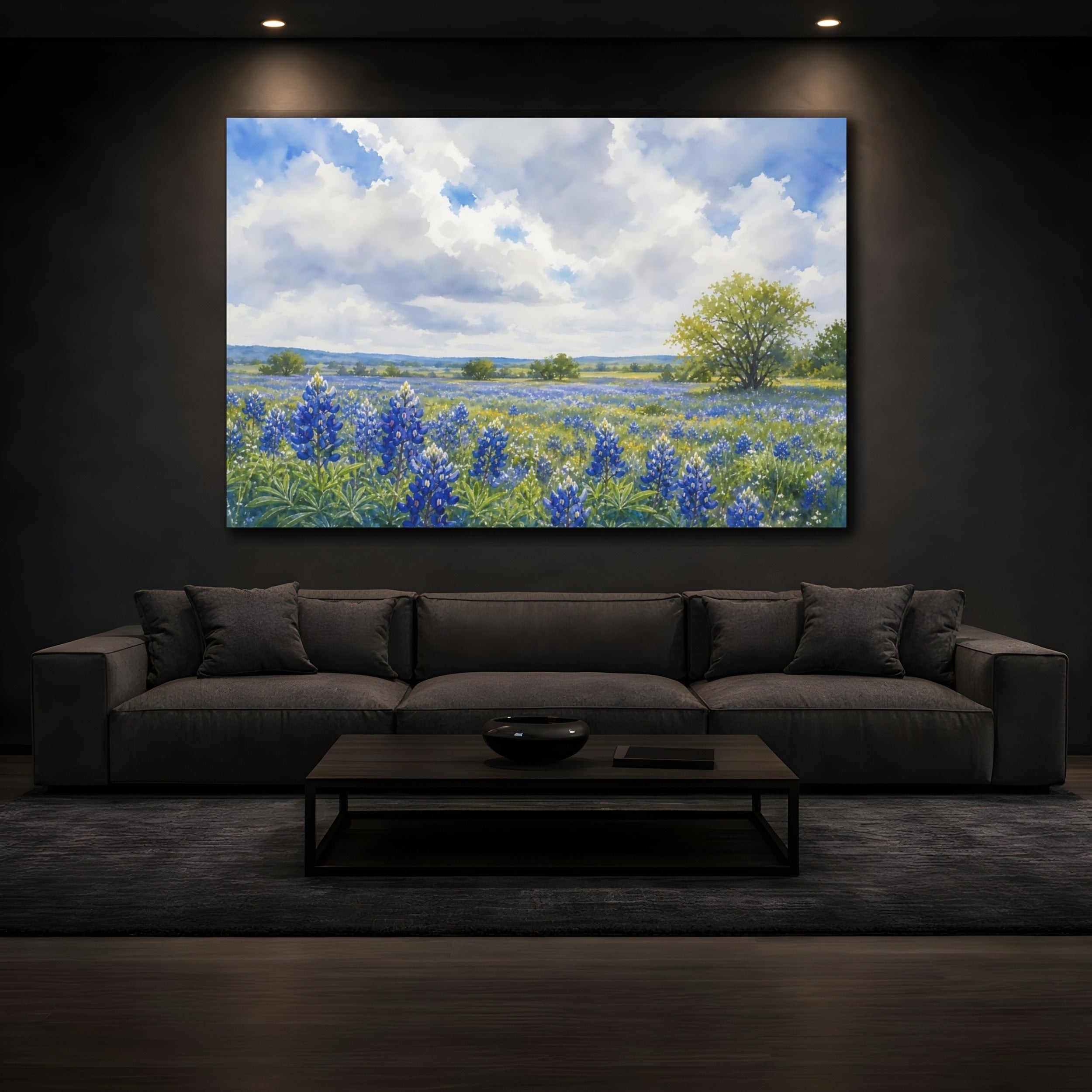 Mockup 3. Loose Watercolor Wash Texas Bluebonnets Across Spring Field Beneath Cloudy Light shown as stretched canvas wall art