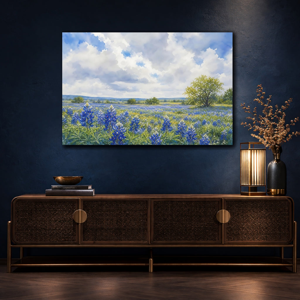 Mockup 4. Loose Watercolor Wash Texas Bluebonnets Across Spring Field Beneath Cloudy Light shown as stretched canvas wall art