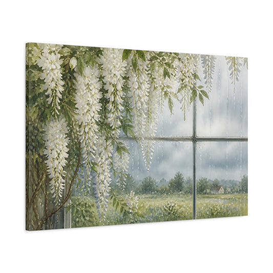 Main Mockup. Loose Watercolor Wash White Wisteria Vines Against Rain Streaked Window shown as stretched canvas wall art