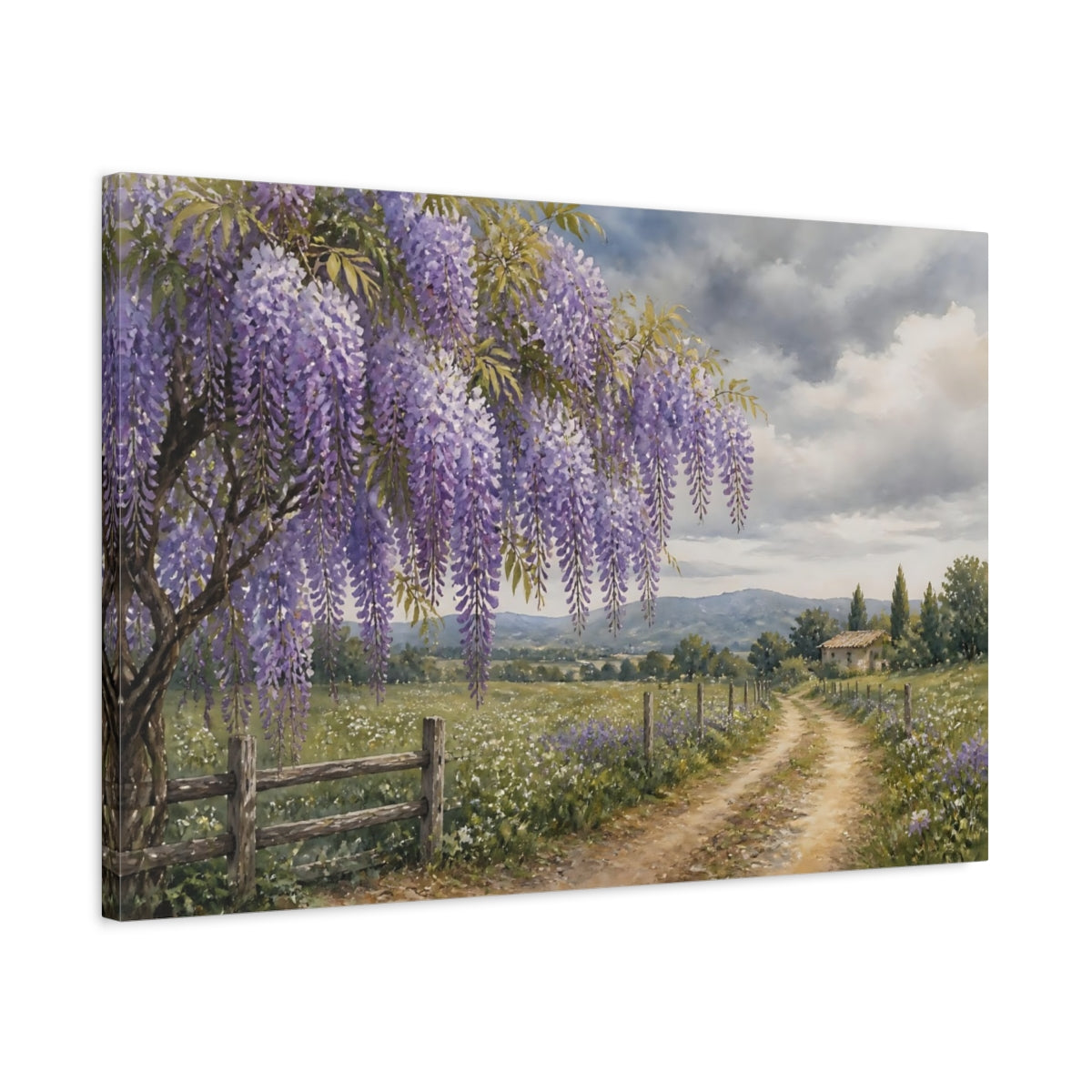 Side Mockup 2. Loose Watercolor Wash Wisteria Vines Above Country Road Beneath Overcast Sky shown as stretched canvas wall art