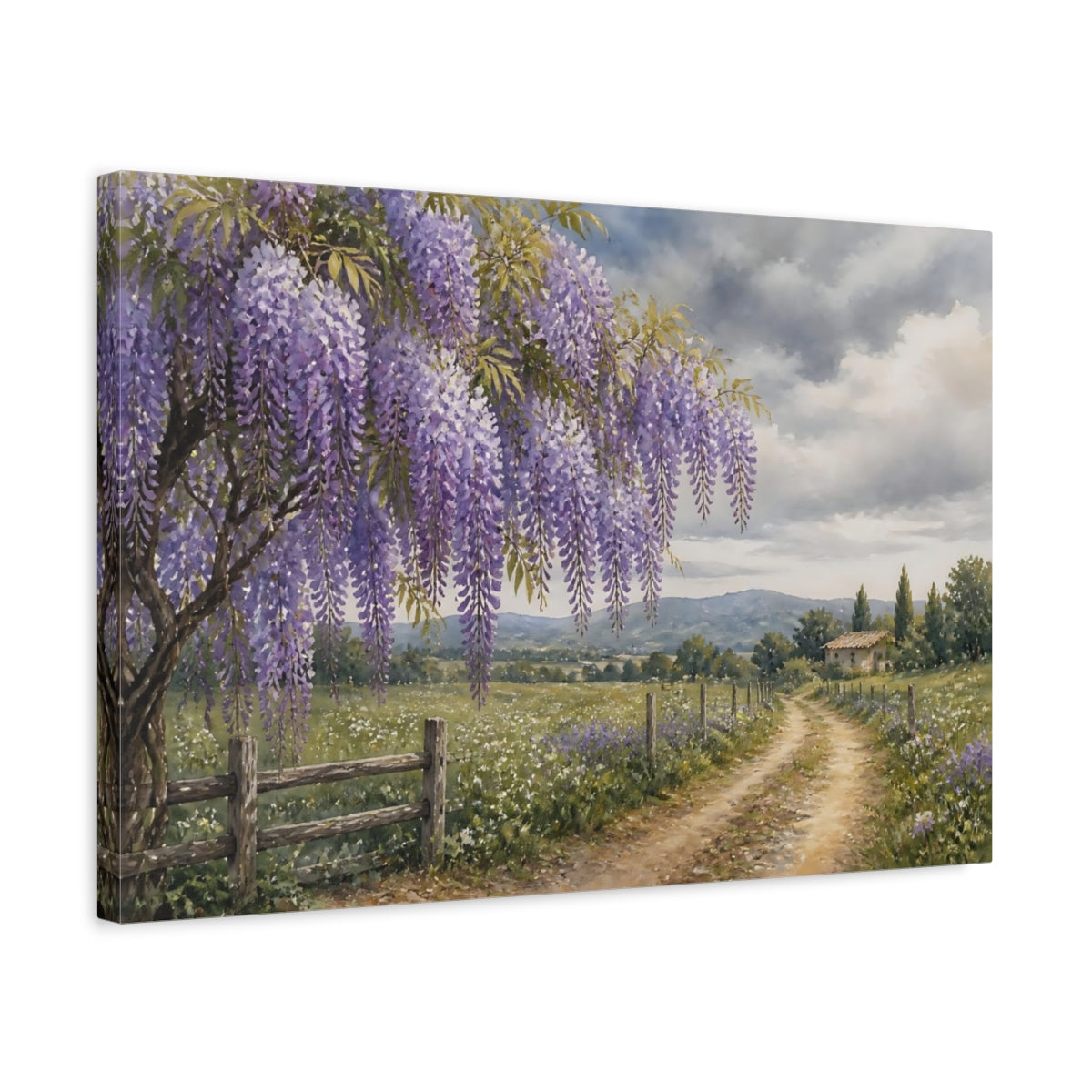 Side Mockup 3. Loose Watercolor Wash Wisteria Vines Above Country Road Beneath Overcast Sky shown as stretched canvas wall art