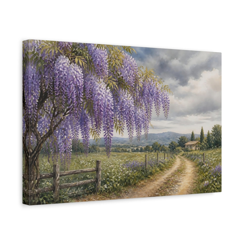 Side Mockup 4. Loose Watercolor Wash Wisteria Vines Above Country Road Beneath Overcast Sky shown as stretched canvas wall art