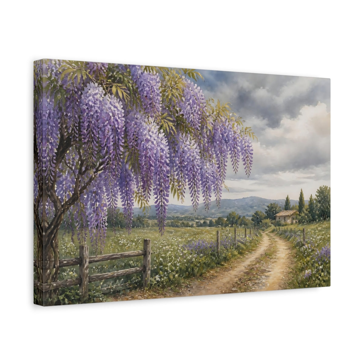 Side Mockup 4. Loose Watercolor Wash Wisteria Vines Above Country Road Beneath Overcast Sky shown as stretched canvas wall art