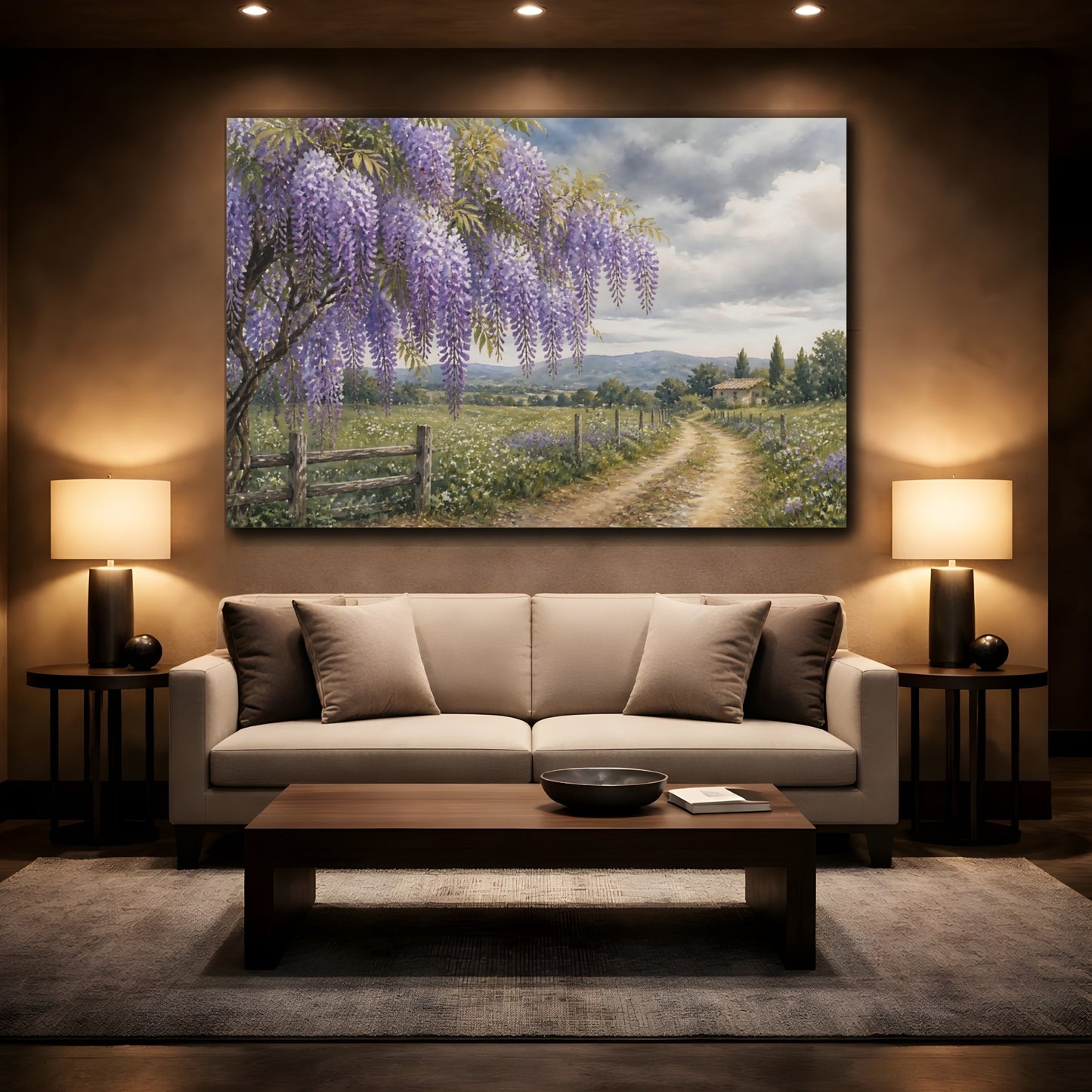 Mockup 2. Loose Watercolor Wash Wisteria Vines Above Country Road Beneath Overcast Sky shown as stretched canvas wall art