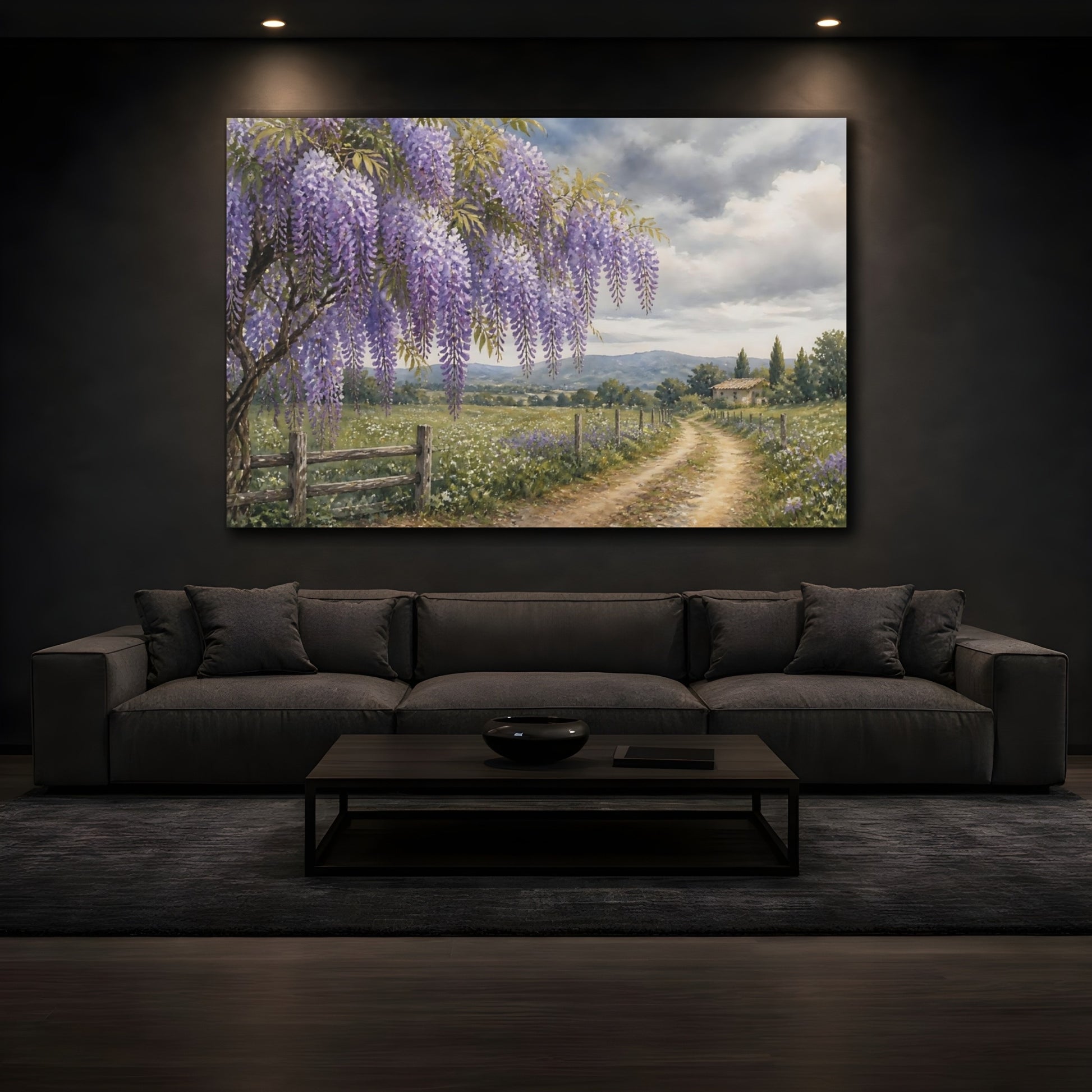 Mockup 3. Loose Watercolor Wash Wisteria Vines Above Country Road Beneath Overcast Sky shown as stretched canvas wall art
