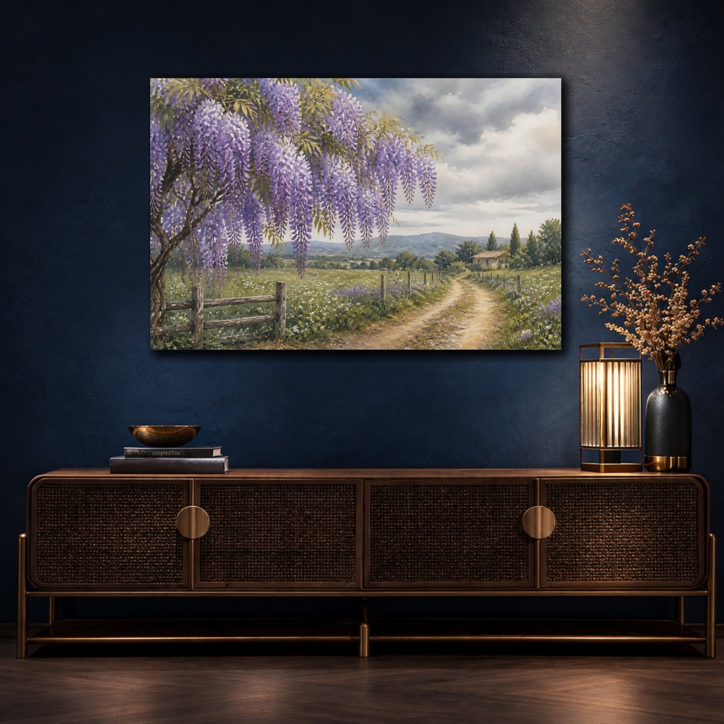 Mockup 4. Loose Watercolor Wash Wisteria Vines Above Country Road Beneath Overcast Sky shown as stretched canvas wall art