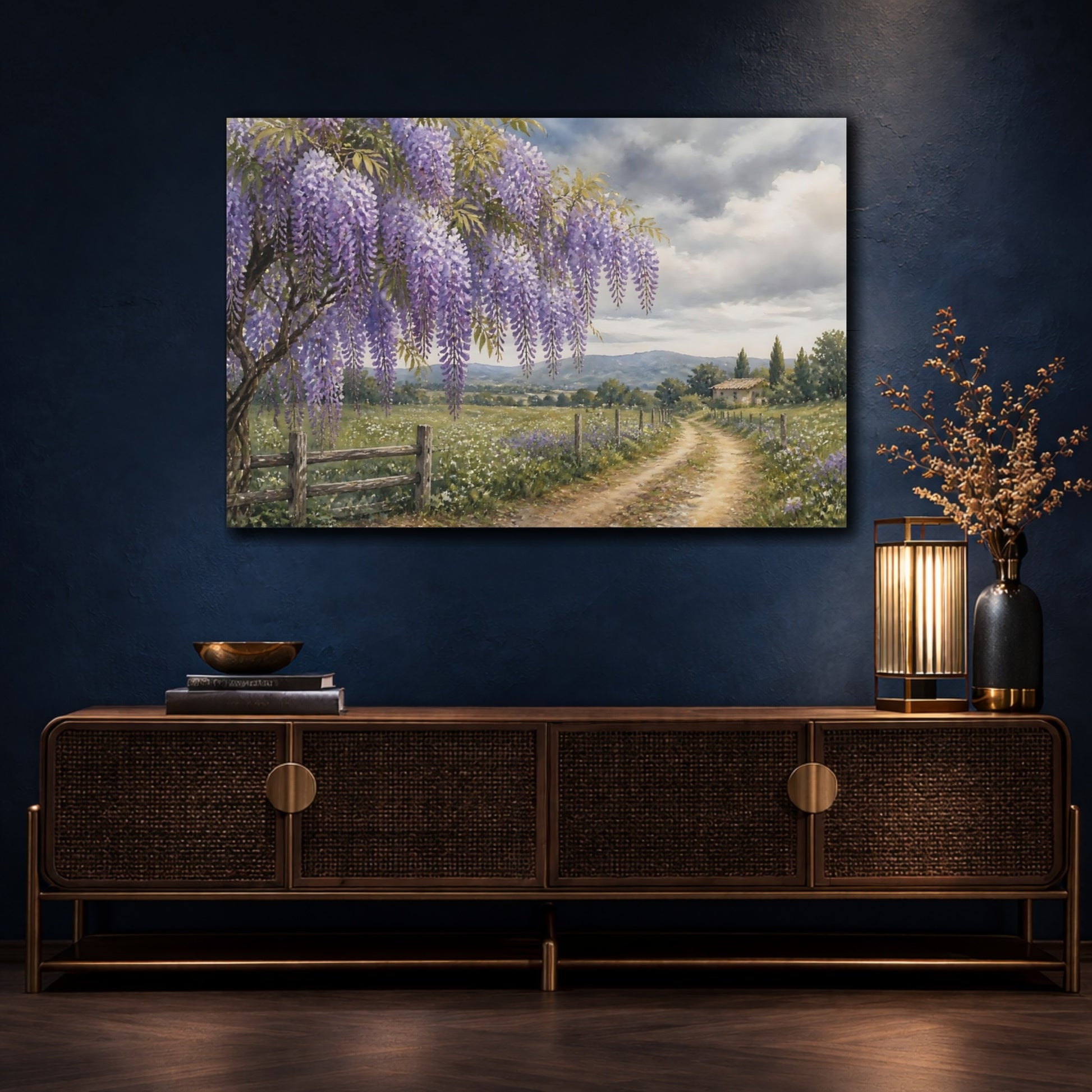 Mockup 4. Loose Watercolor Wash Wisteria Vines Above Country Road Beneath Overcast Sky shown as stretched canvas wall art