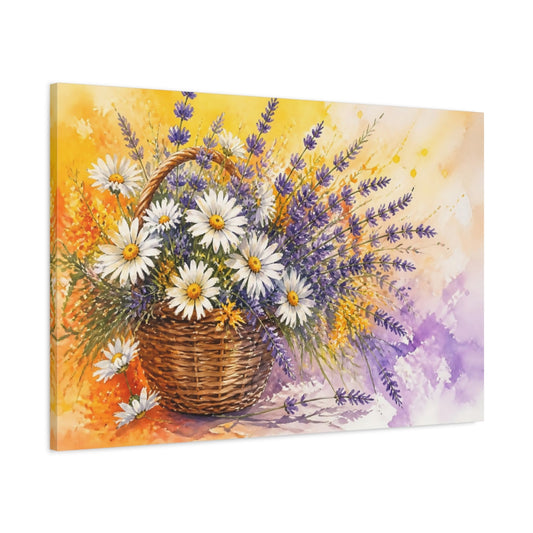 Main Mockup. Loose Watercolor Wash Yellow And Orange Lavender Daisies In Woven Basket shown as stretched canvas wall art
