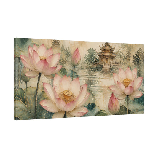 Main Mockup. Lotus Blossoms By Temple shown as canvas print