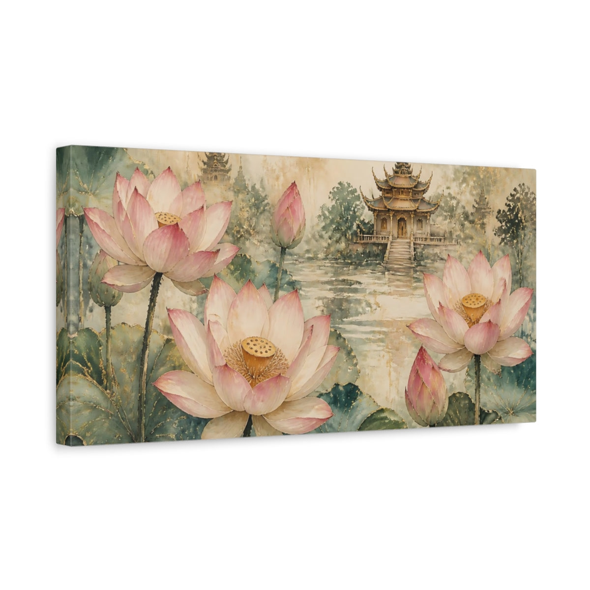 Side Mockup 3. Lotus Blossoms By Temple shown as canvas print