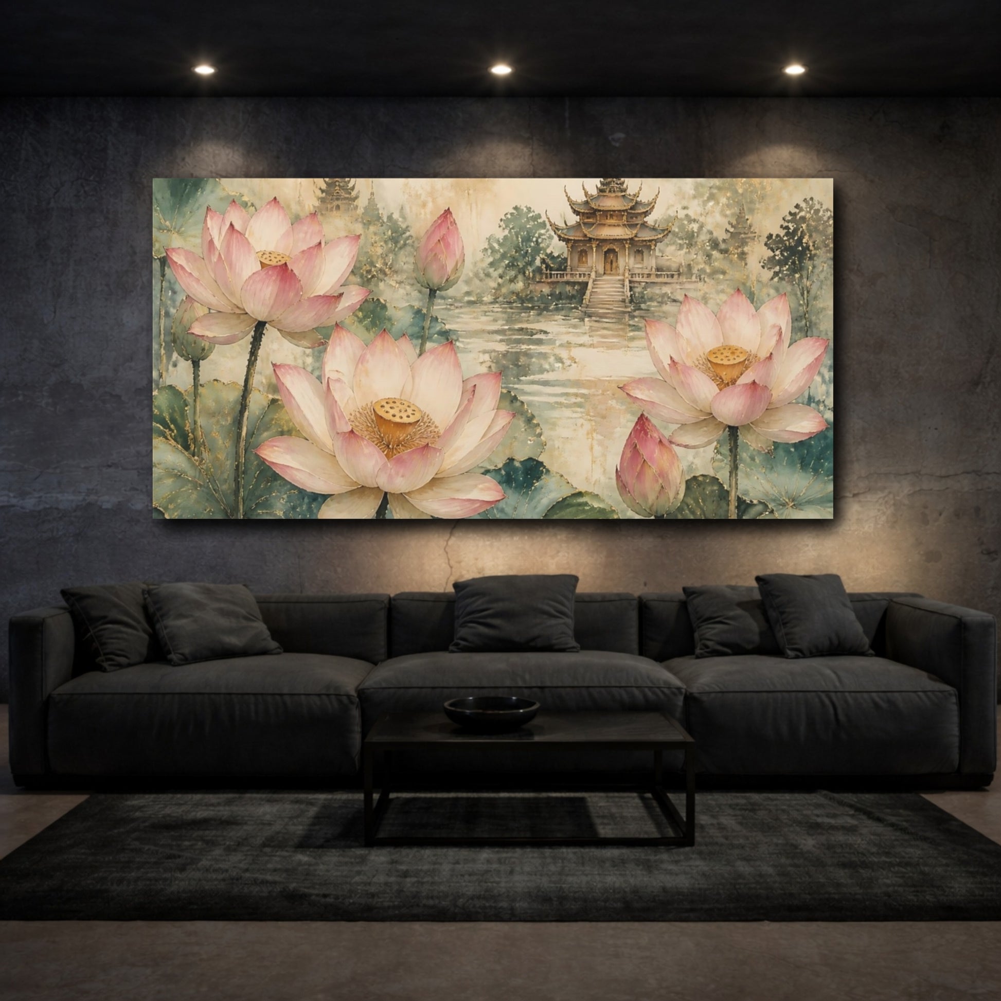 Mockup 3. Lotus Blossoms By Temple shown as canvas print