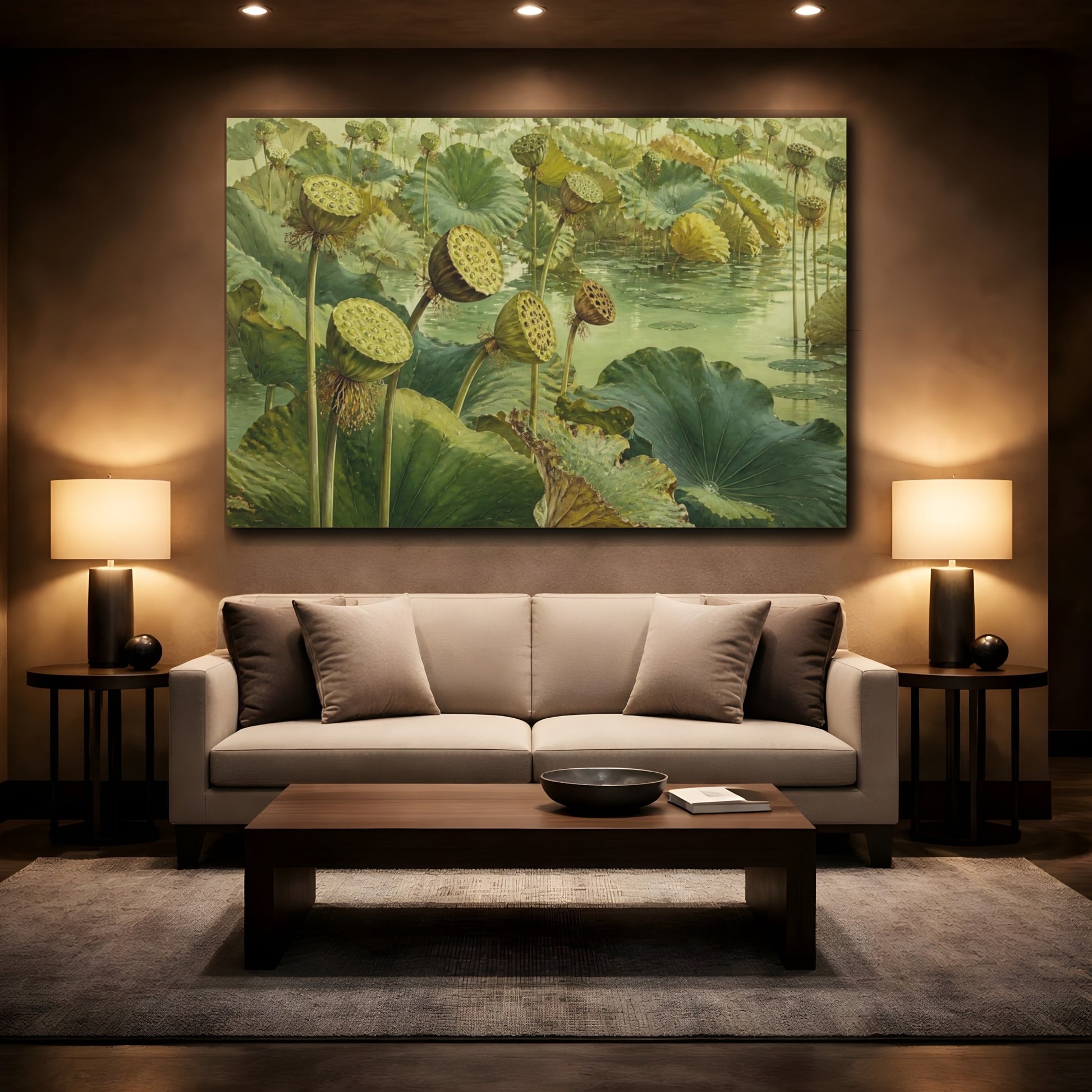 Mockup 2. Lotus Seed Heads Over Pond shown as canvas print