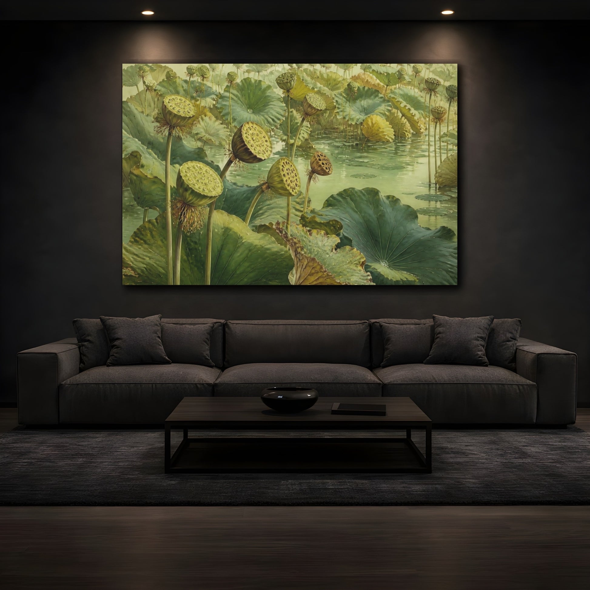 Mockup 3. Lotus Seed Heads Over Pond shown as canvas print