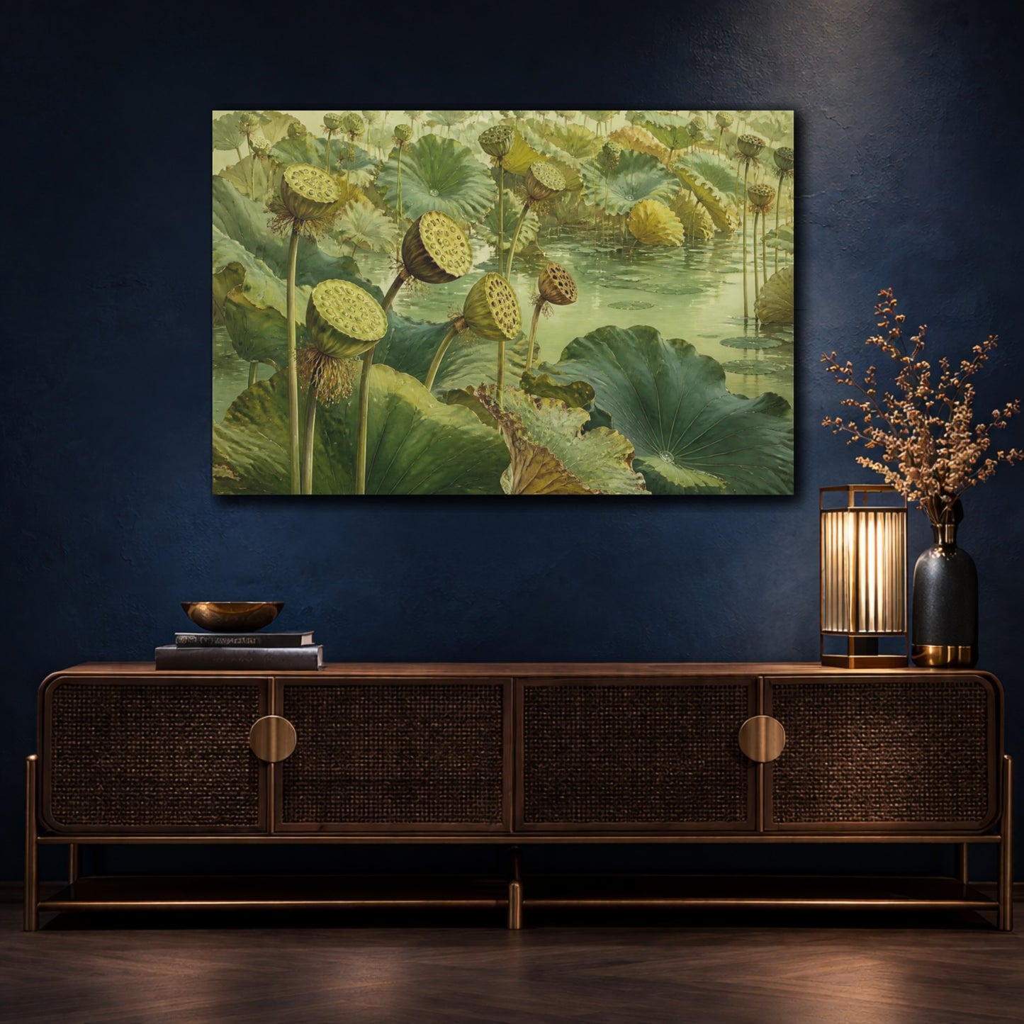 Mockup 4. Lotus Seed Heads Over Pond shown as canvas print