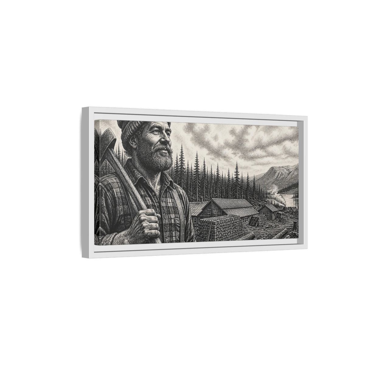 Side Mockup 6. Lumberjack At Timber Camp shown as framed canvas print