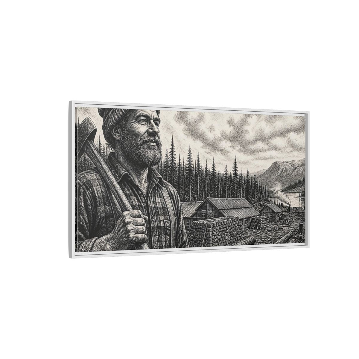 Side Mockup 3. Lumberjack At Timber Camp shown as framed canvas print