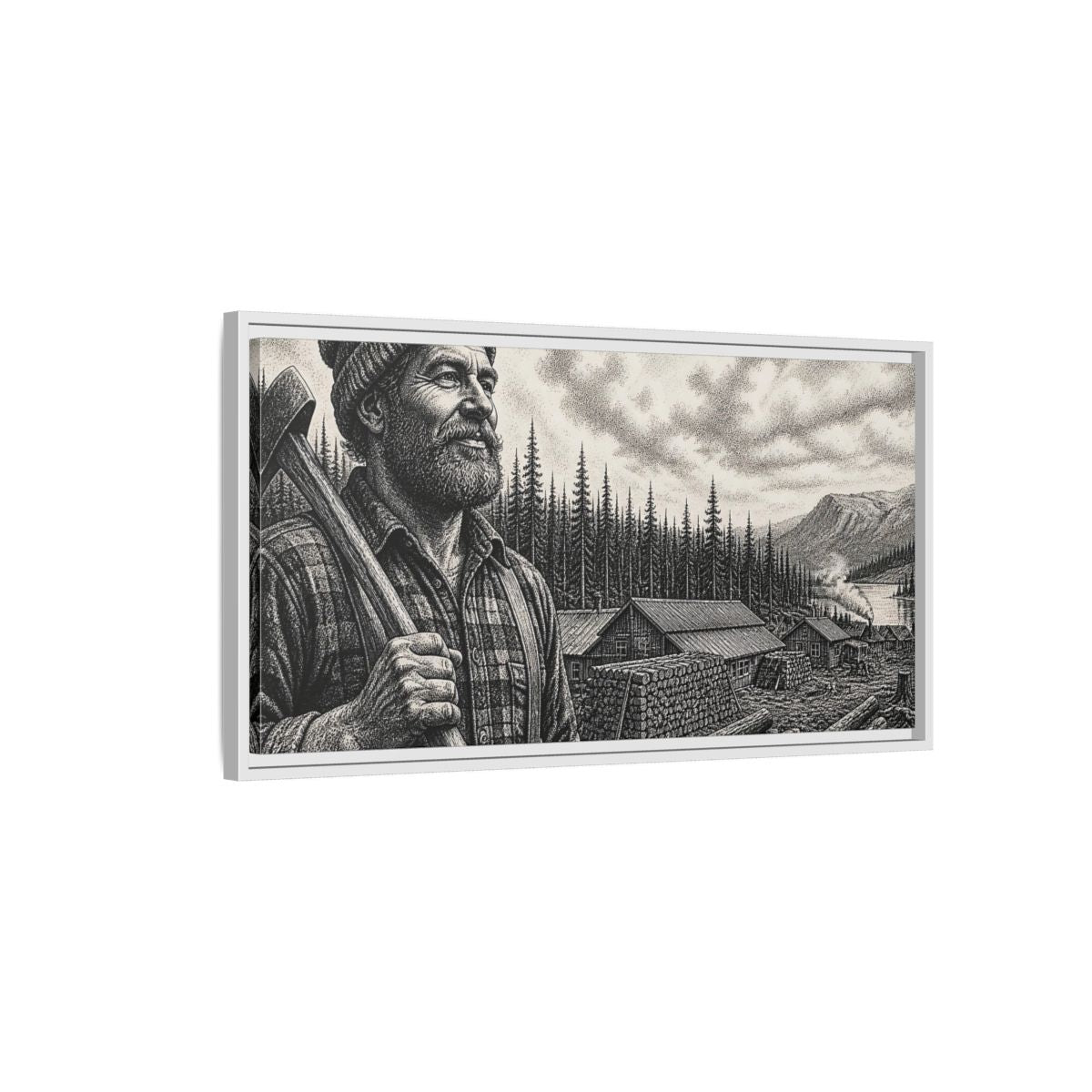 Side Mockup 1. Lumberjack At Timber Camp shown as framed canvas print
