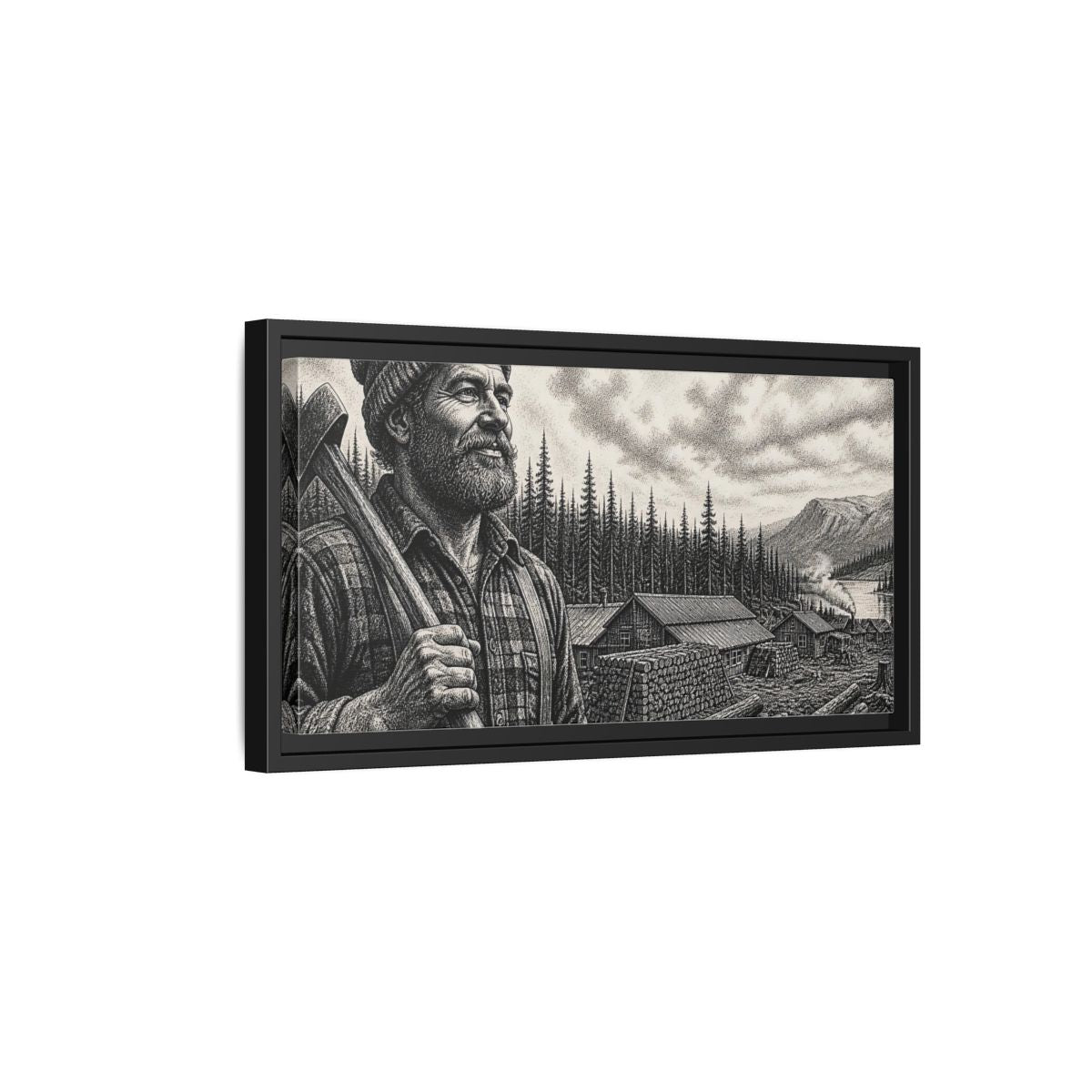 Side Mockup 8. Lumberjack At Timber Camp shown as framed canvas print