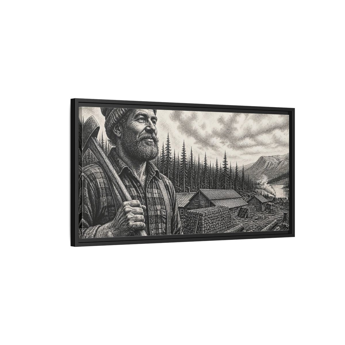 Side Mockup 2. Lumberjack At Timber Camp shown as framed canvas print