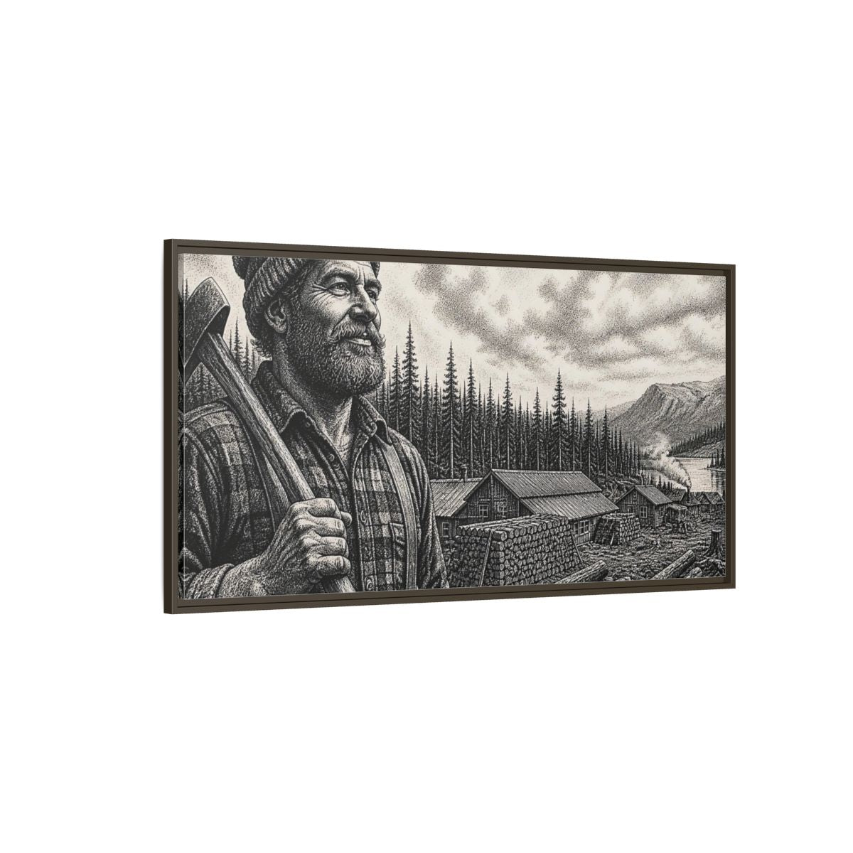 Side Mockup 4. Lumberjack At Timber Camp shown as framed canvas print