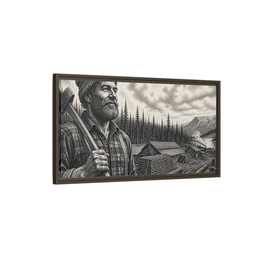 Main Mockup. Lumberjack At Timber Camp shown as framed canvas print