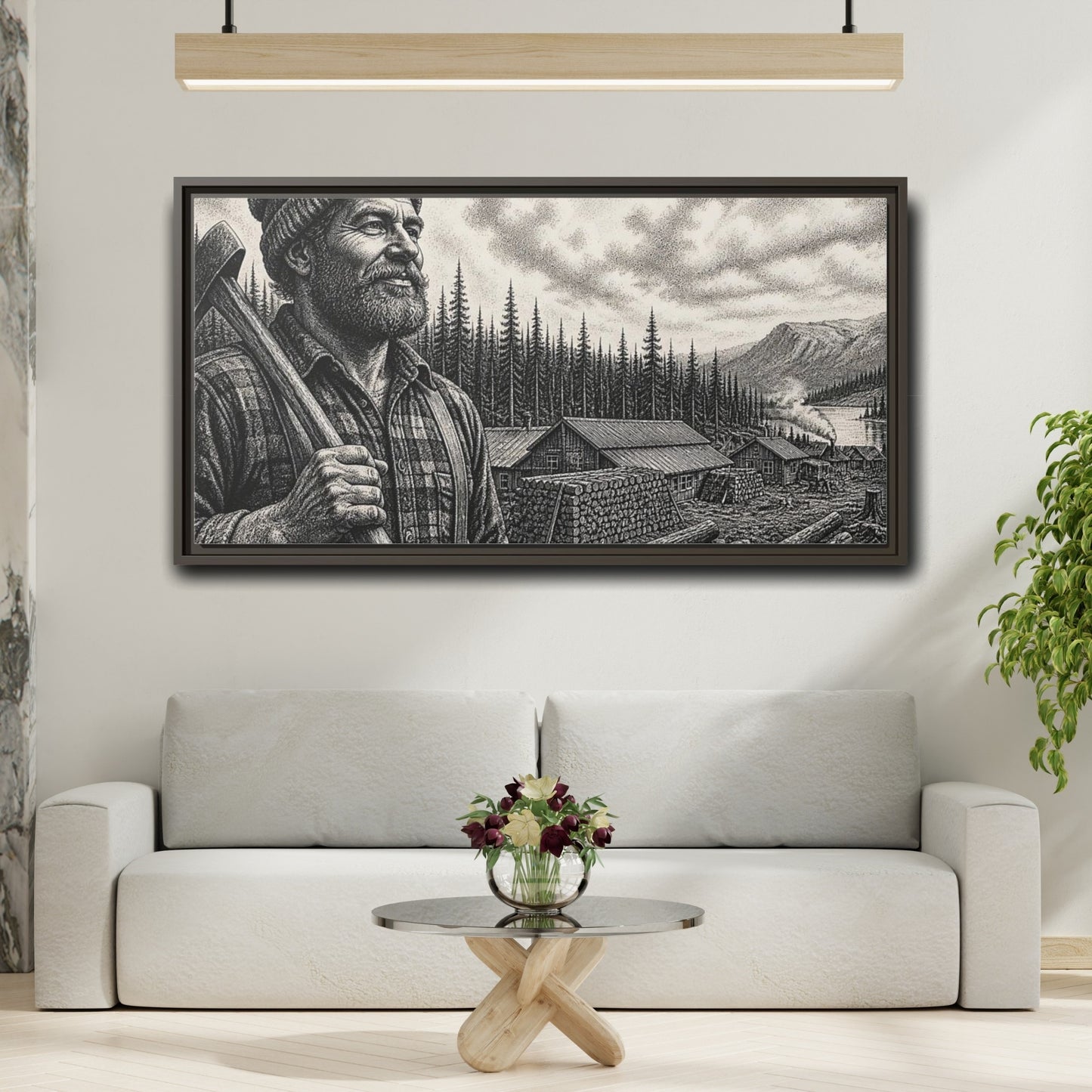 Mockup 2. Lumberjack At Timber Camp shown as framed canvas print