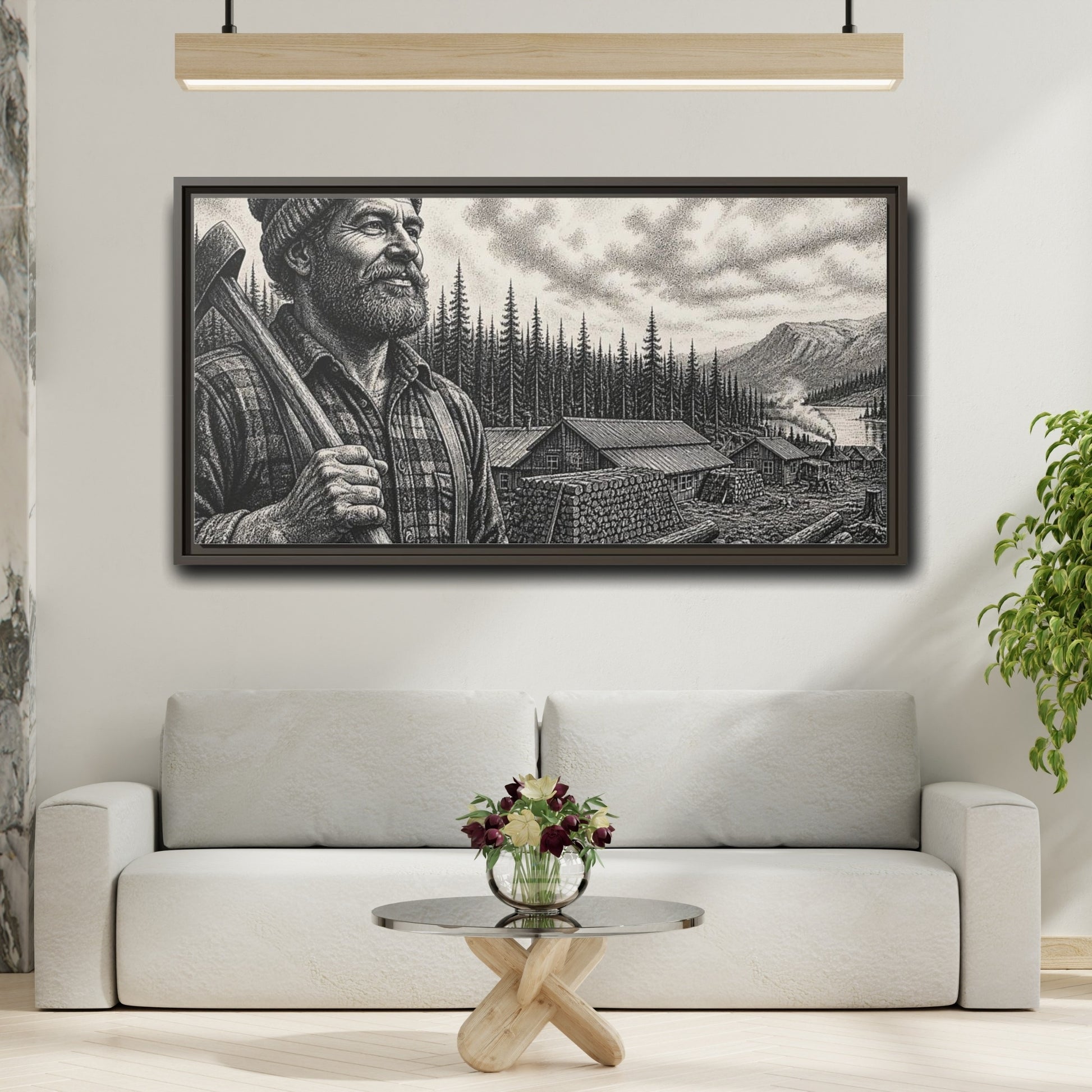Mockup 2. Lumberjack At Timber Camp shown as framed canvas print