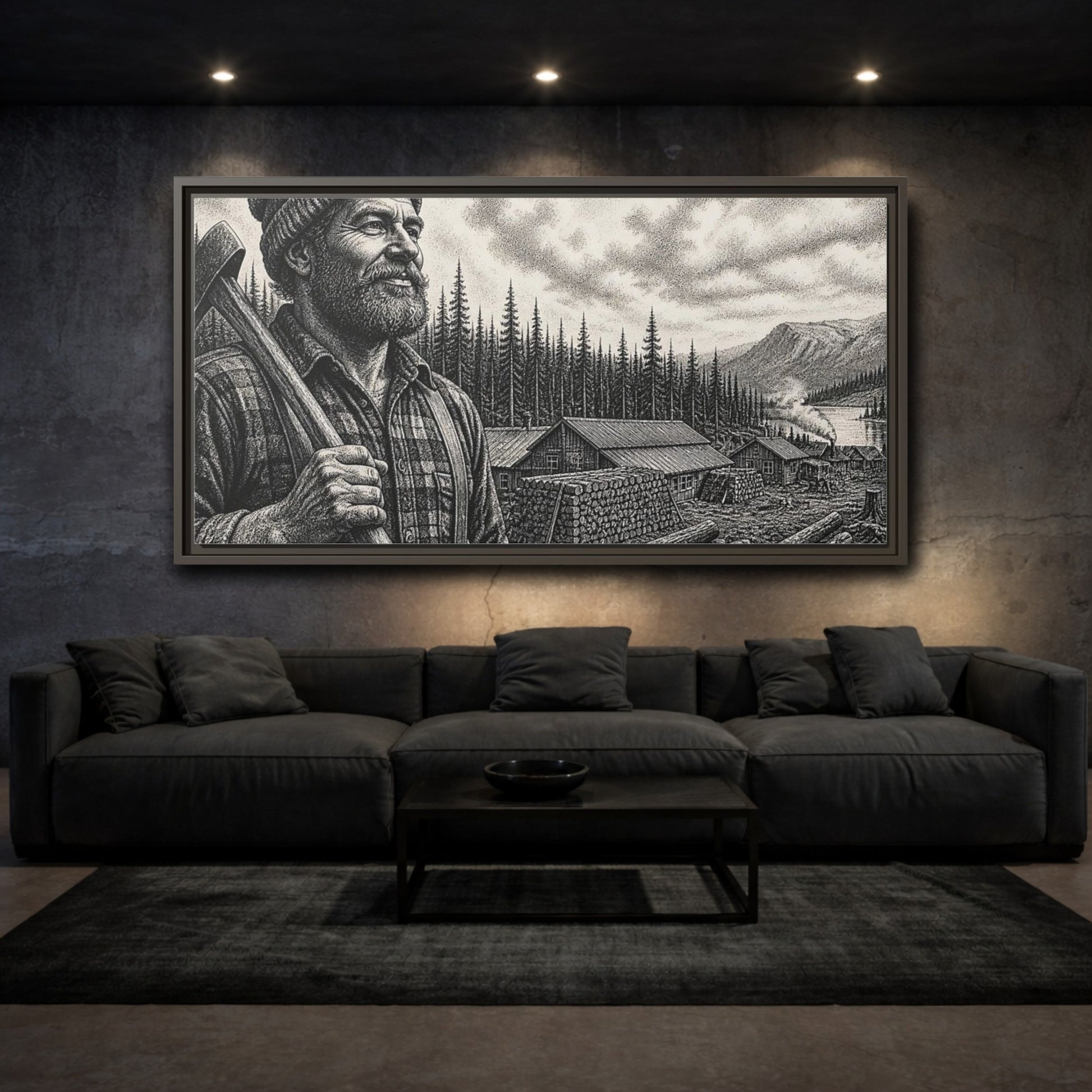 Mockup 3. Lumberjack At Timber Camp shown as framed canvas print