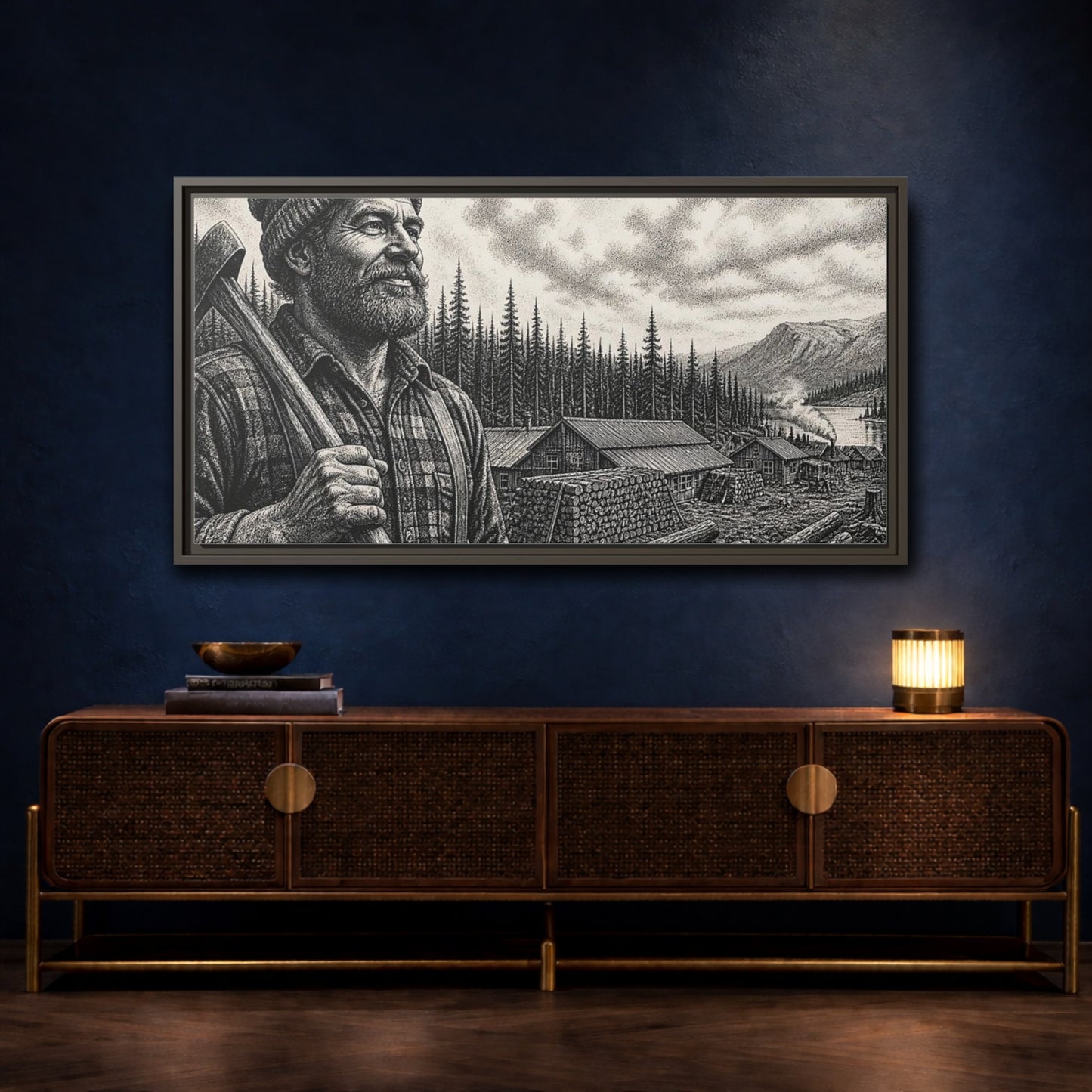 Mockup 4. Lumberjack At Timber Camp shown as framed canvas print