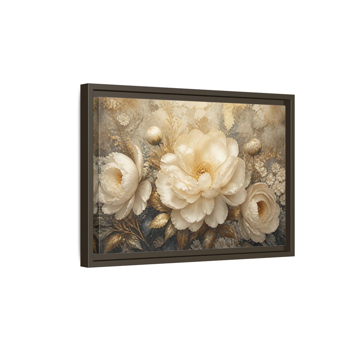 Side Mockup 5. Luminous Ivory Peonies shown as framed canvas print