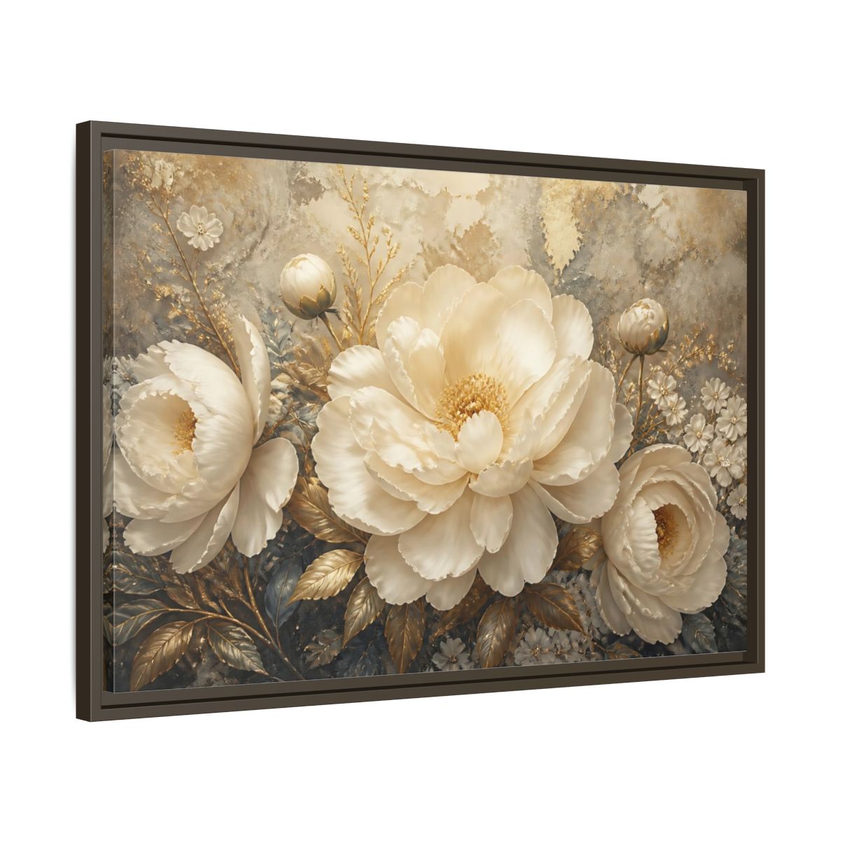 Side Mockup 11. Luminous Ivory Peonies shown as framed canvas print