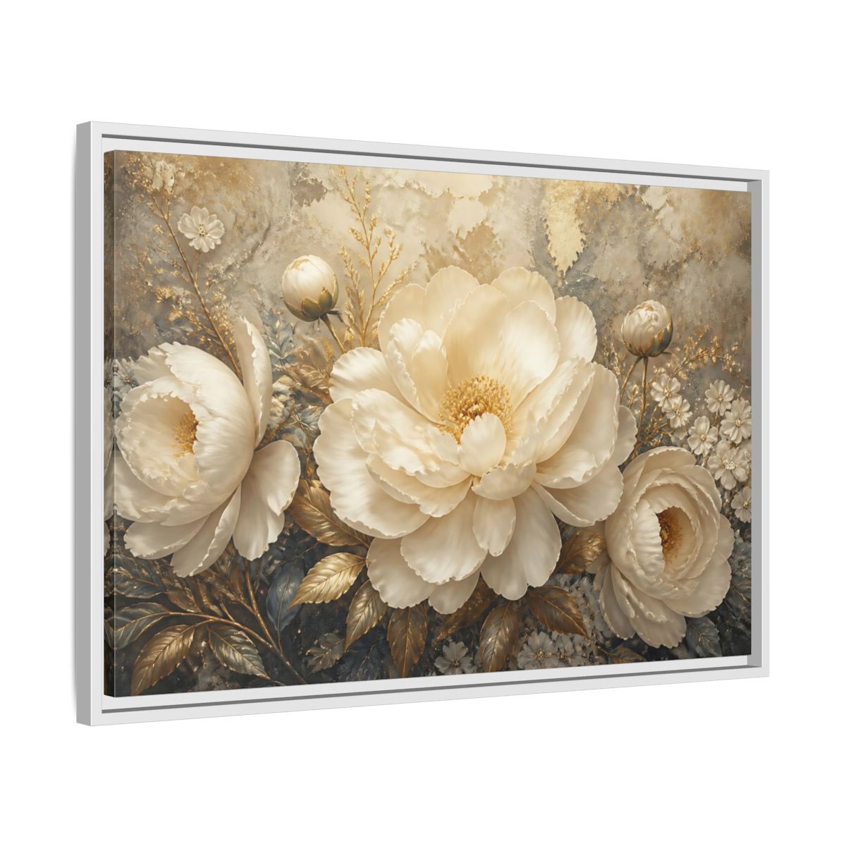 Side Mockup 10. Luminous Ivory Peonies shown as framed canvas print