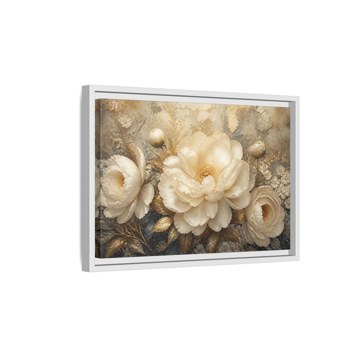 Side Mockup 4. Luminous Ivory Peonies shown as framed canvas print