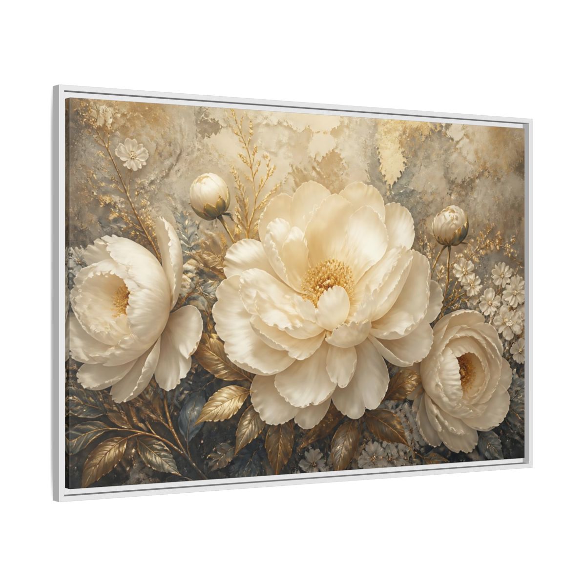 Side Mockup 7. Luminous Ivory Peonies shown as framed canvas print