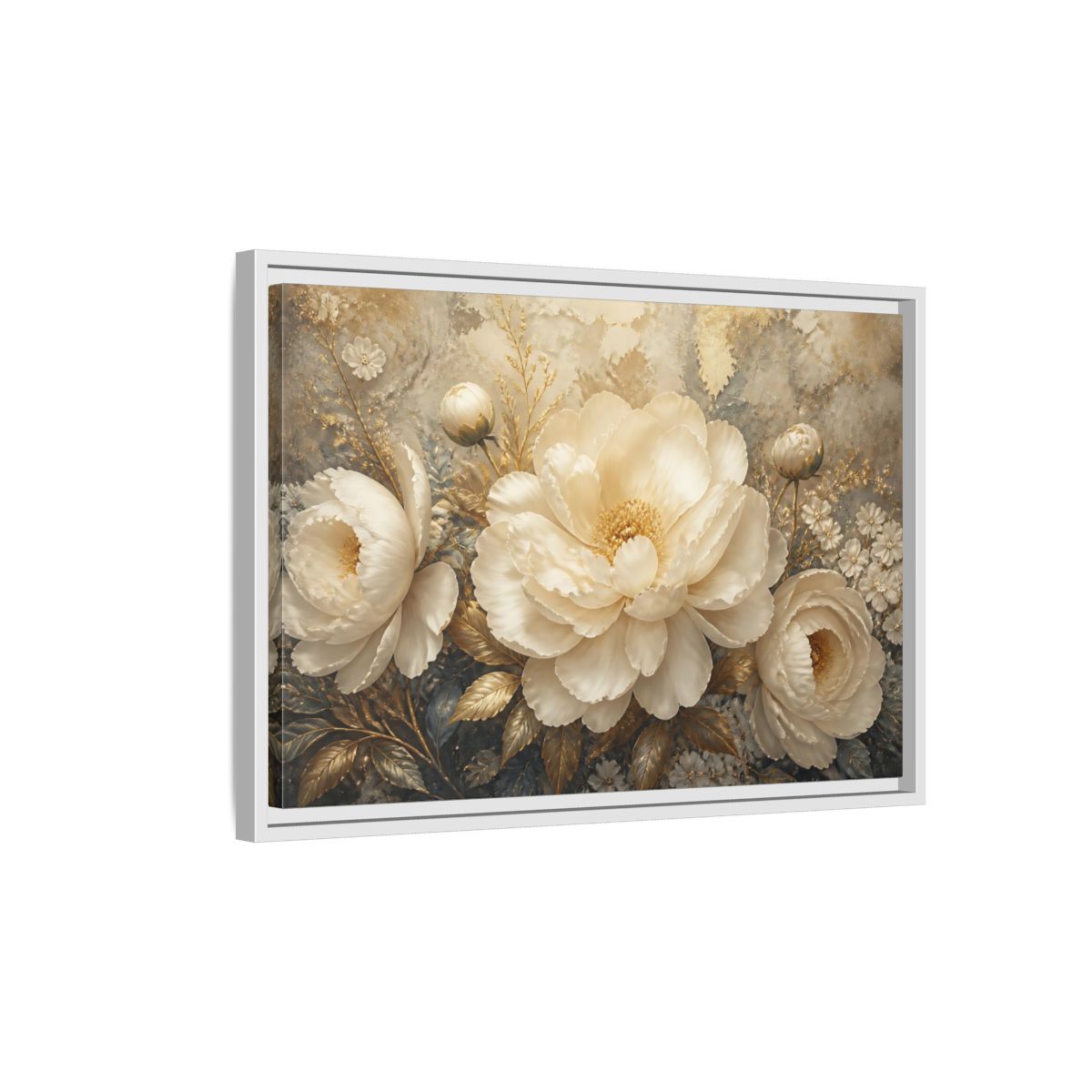Side Mockup 1. Luminous Ivory Peonies shown as framed canvas print