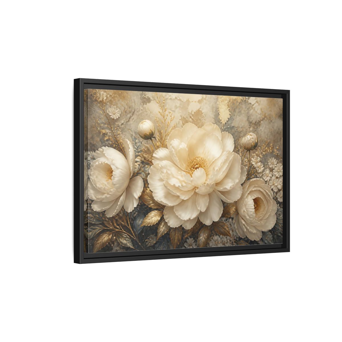 Side Mockup 3. Luminous Ivory Peonies shown as framed canvas print