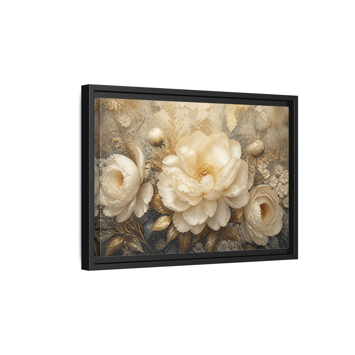 Side Mockup 6. Luminous Ivory Peonies shown as framed canvas print