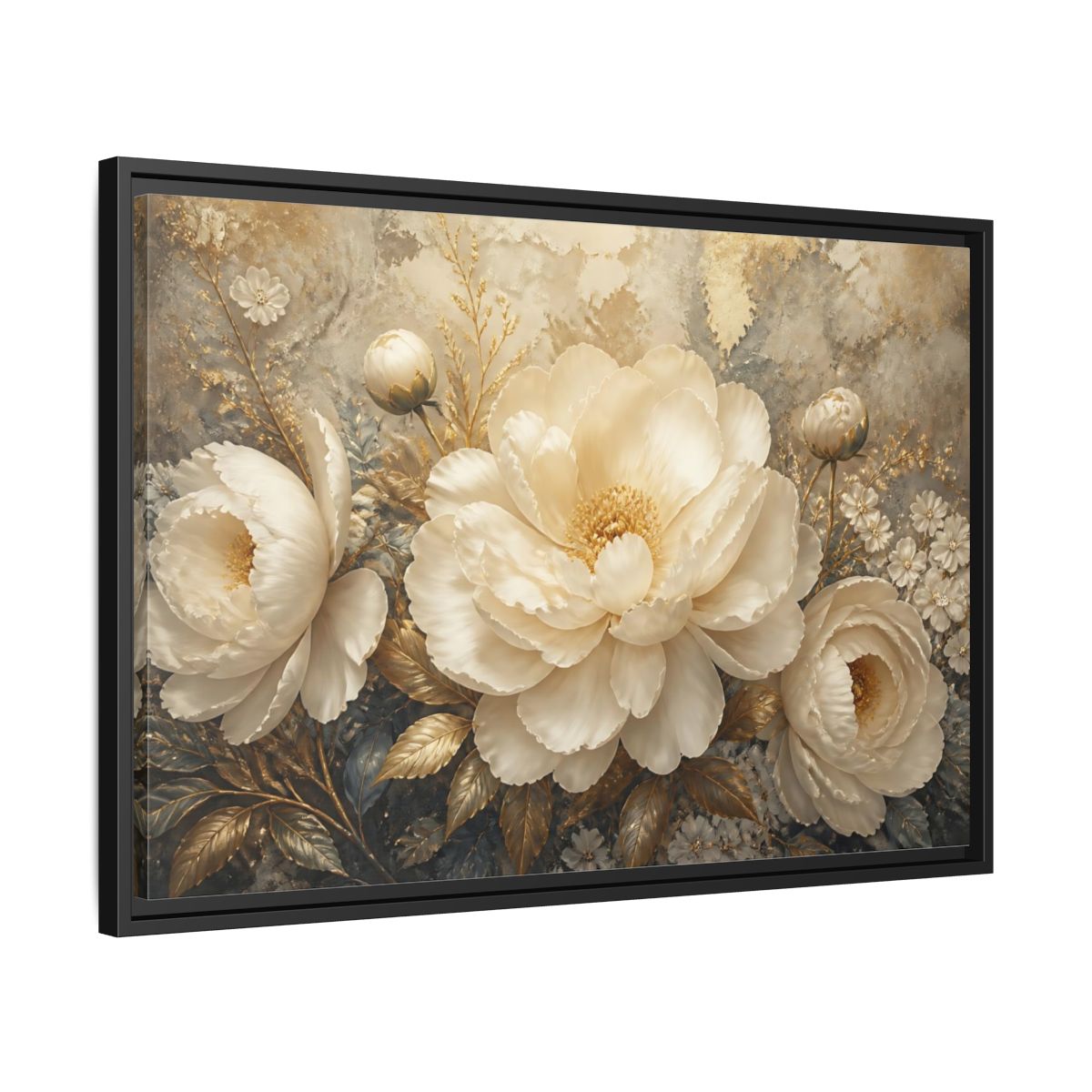Side Mockup 14. Luminous Ivory Peonies shown as framed canvas print