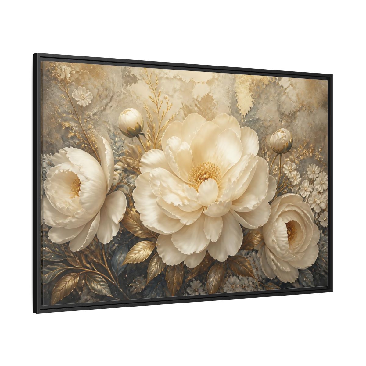 Side Mockup 12. Luminous Ivory Peonies shown as framed canvas print