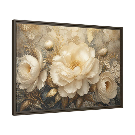 Main Mockup. Luminous Ivory Peonies shown as framed canvas print
