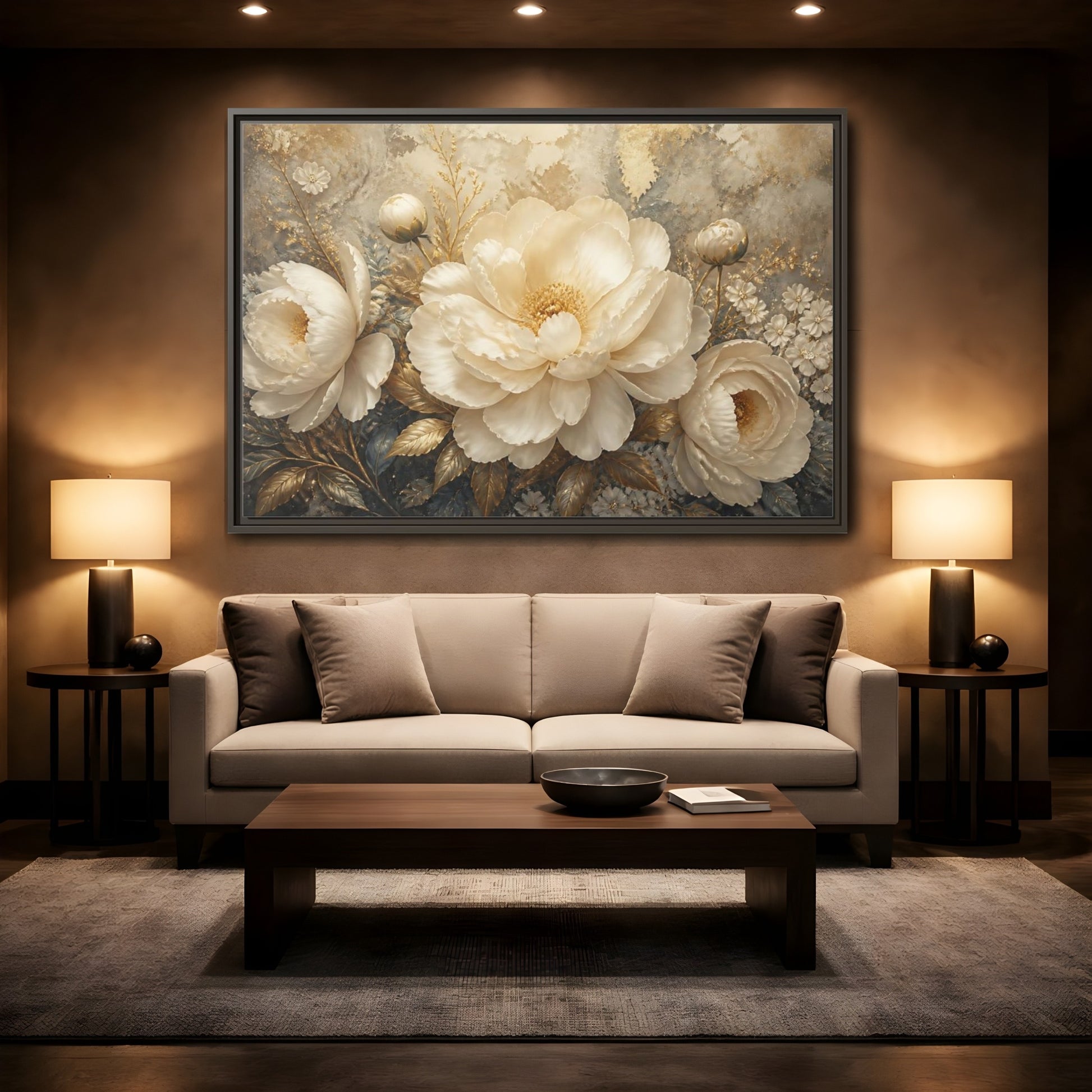 Mockup 2. Luminous Ivory Peonies shown as framed canvas print