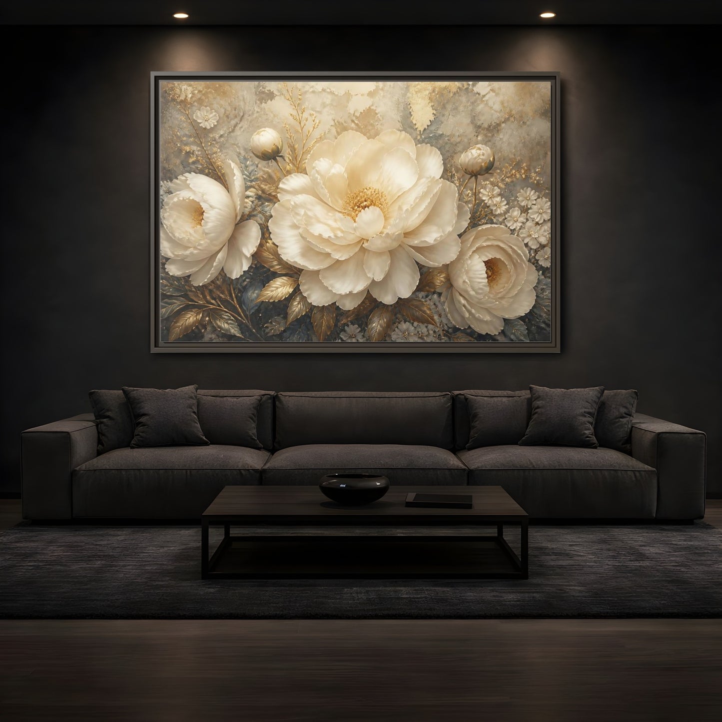 Mockup 3. Luminous Ivory Peonies shown as framed canvas print