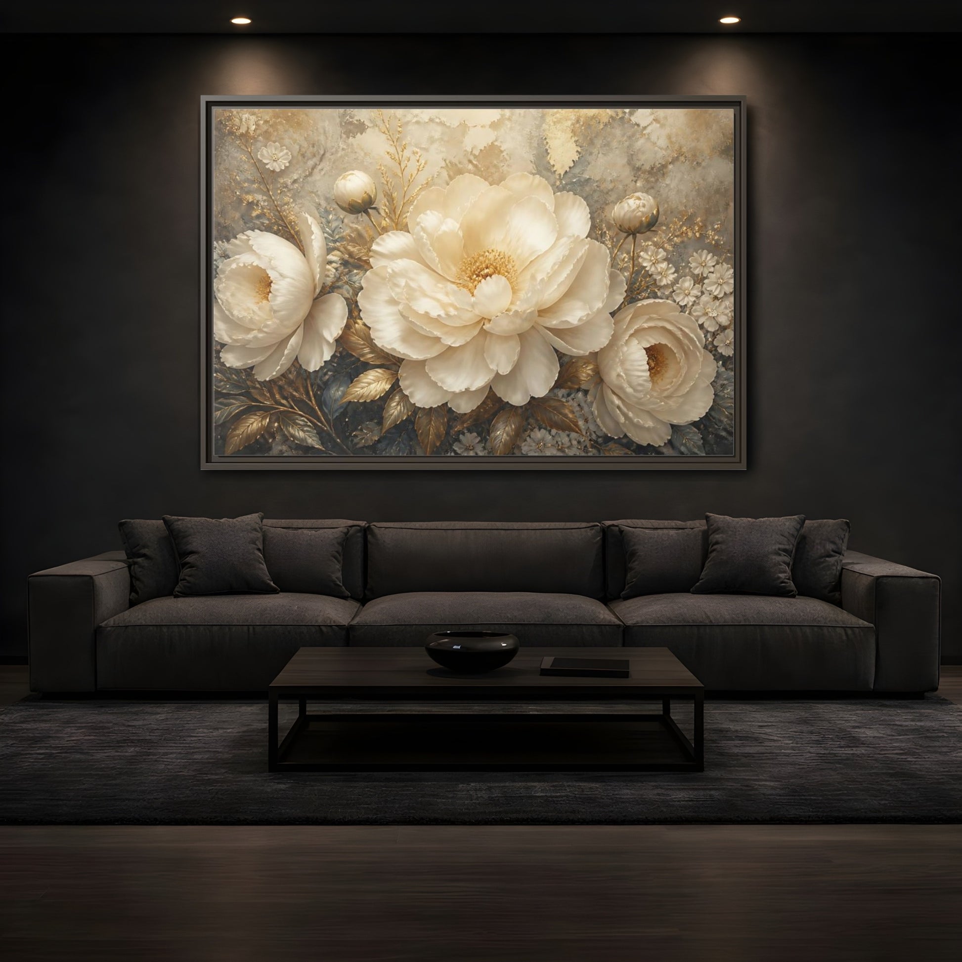Mockup 3. Luminous Ivory Peonies shown as framed canvas print