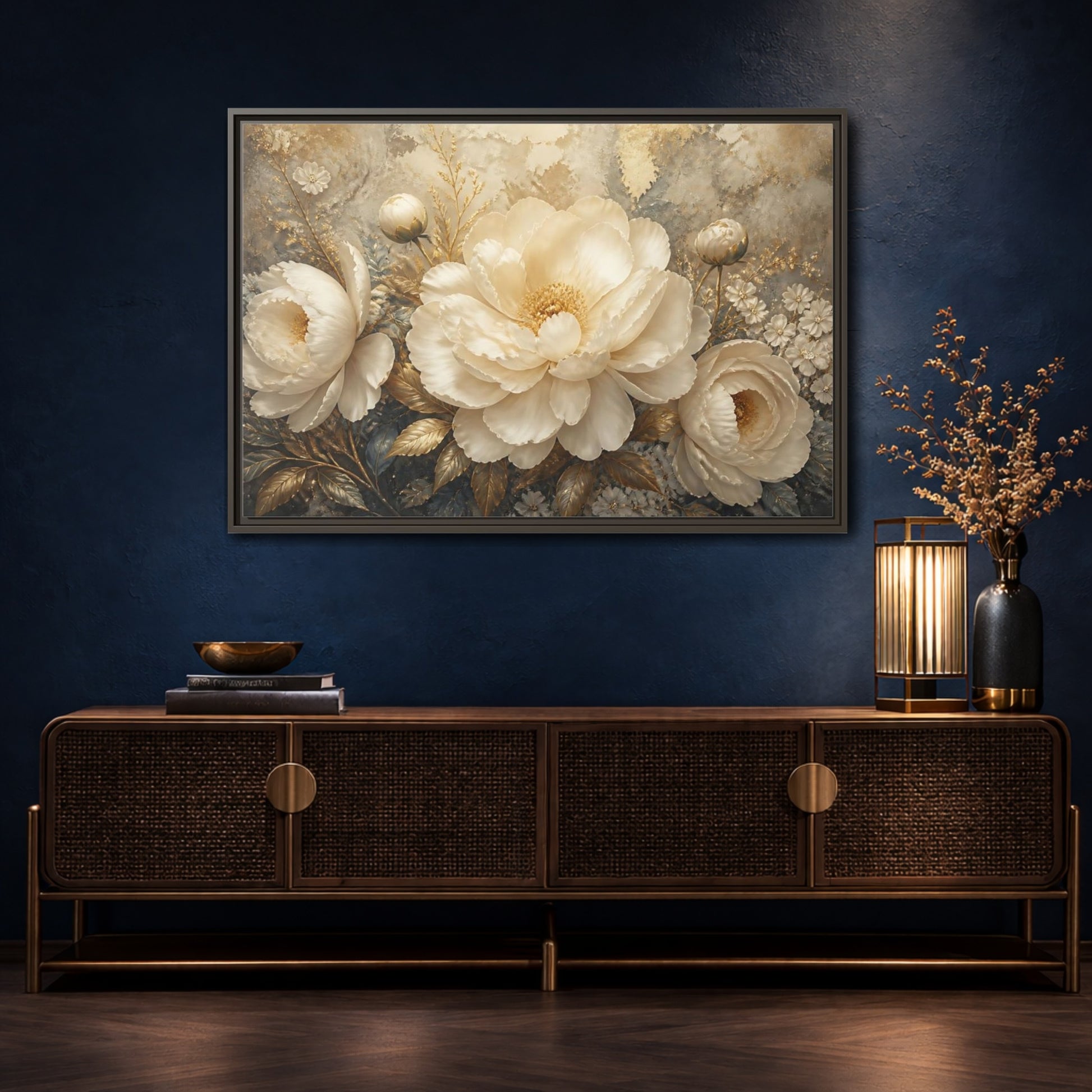 Mockup 4. Luminous Ivory Peonies shown as framed canvas print