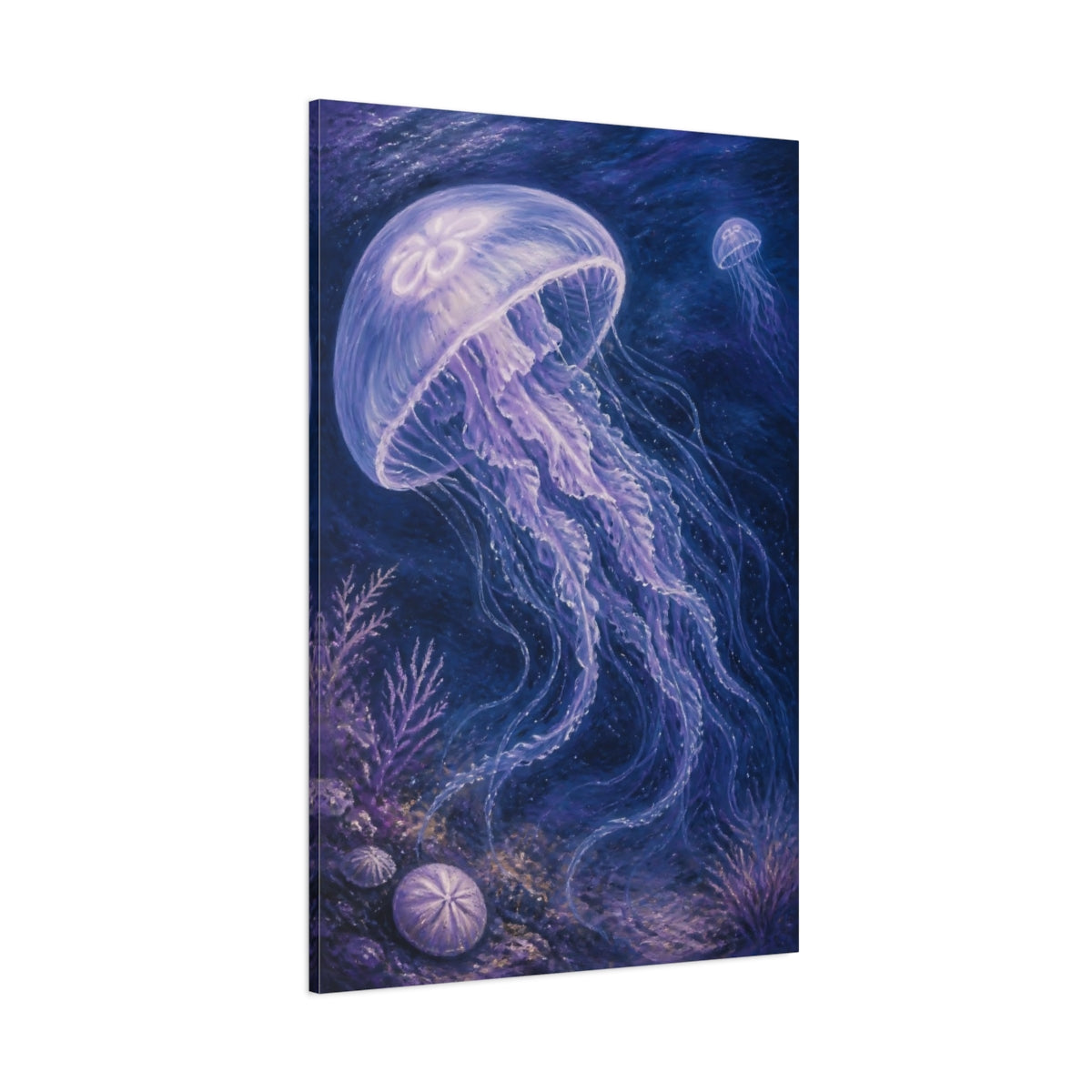 Side Mockup 1. Luminous Jellyfish Drift shown as canvas print