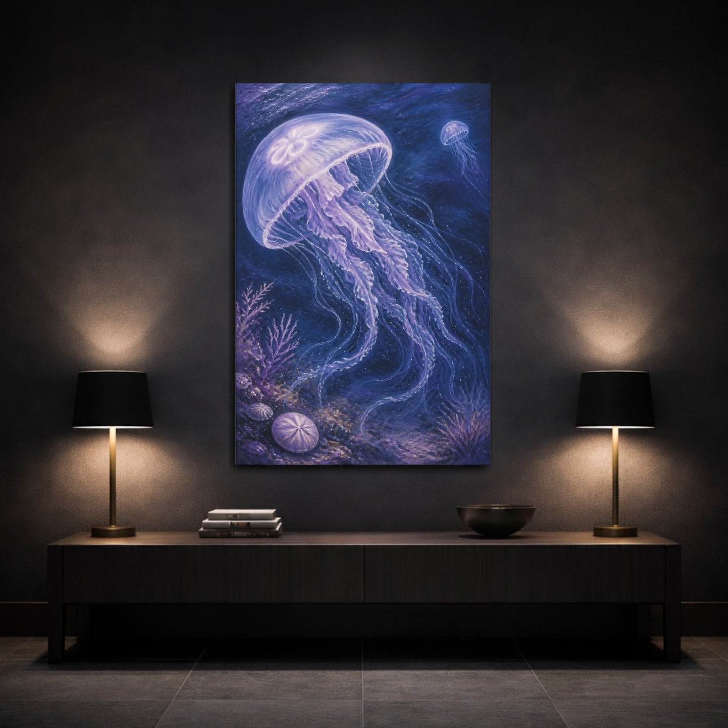 Mockup 3. Luminous Jellyfish Drift shown as canvas print