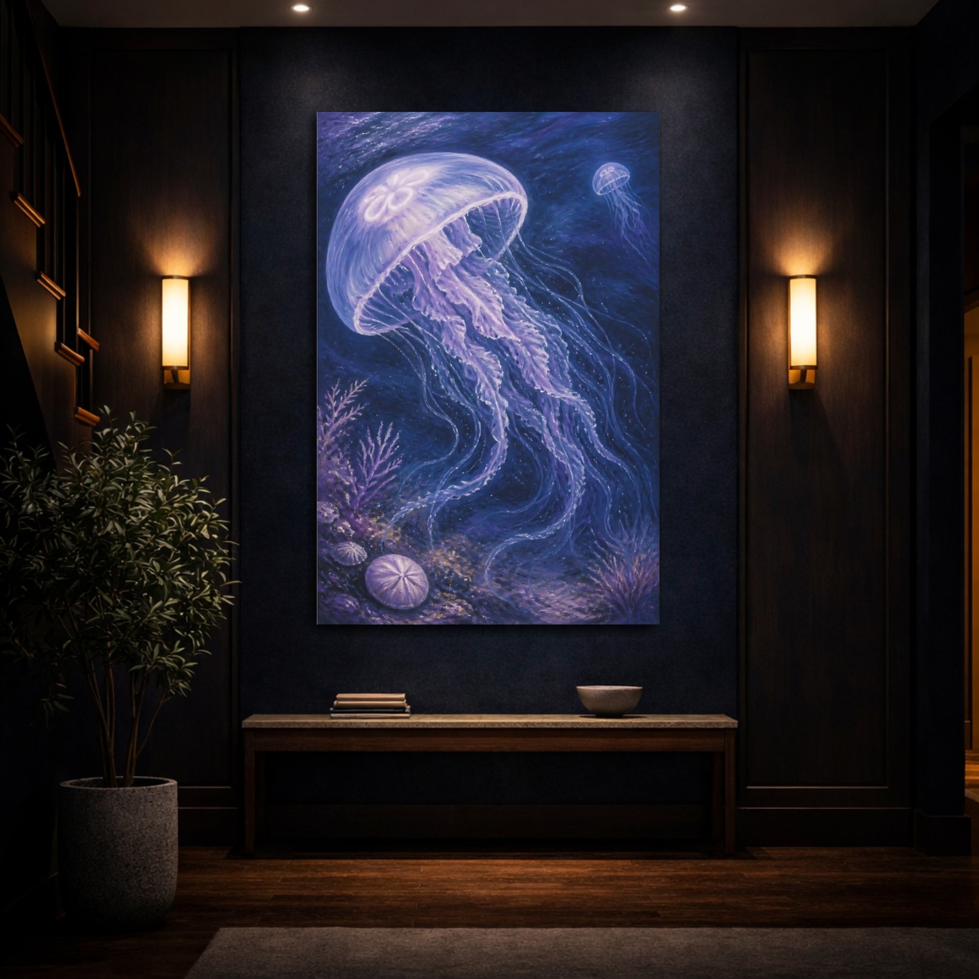 Mockup 4. Luminous Jellyfish Drift shown as canvas print