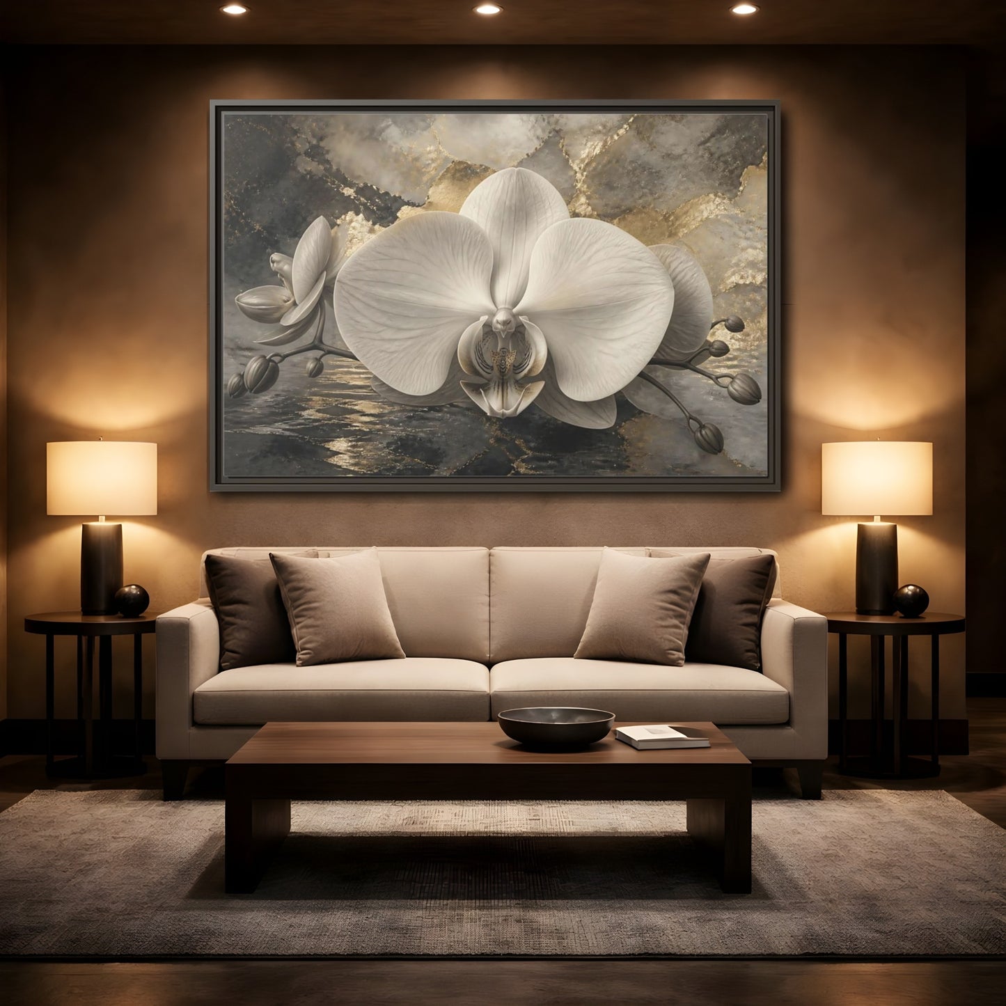 Mockup 2. Luminous Monochrome Orchid shown as framed canvas print